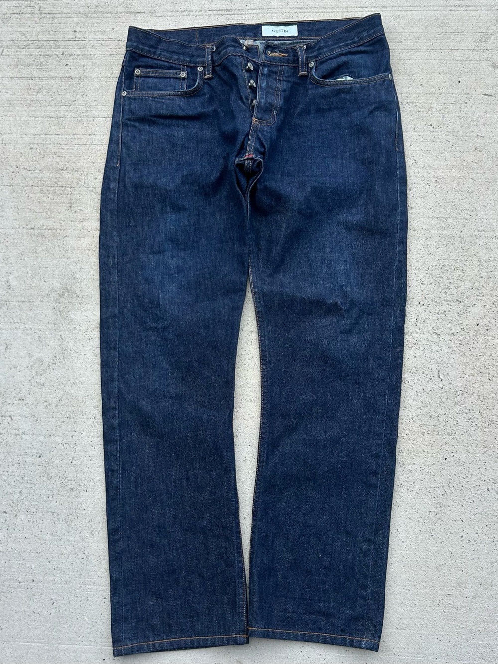Gustin Raw Selvedge Denim Jeans Button Fly Indigo Slim Mens 35 X 30 USA Made